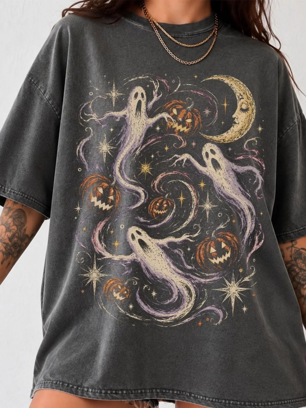 Short Sleeve Halloween Ghost & Pumpkin Graphic Tee - Comfort Pepper